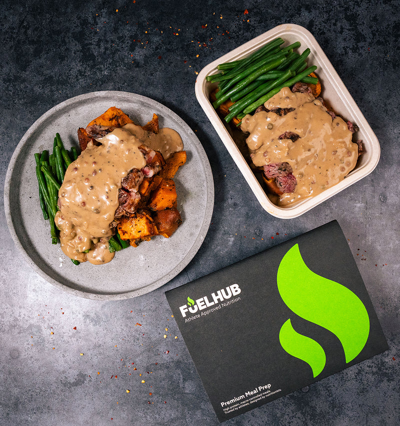 Peppered Steak Strips with Sweet Potato, Chilli Green Beans & Peppercorn Sauce