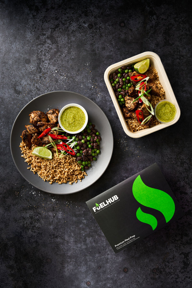Jerk Chicken with Wholegrain Rice, Minted Peas & Black Beans and a Lime & Coconut Dressing