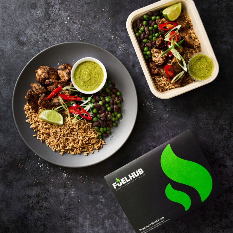 Jerk Chicken with Wholegrain Rice, Minted Peas & Black Beans and a Lime & Coconut Dressing