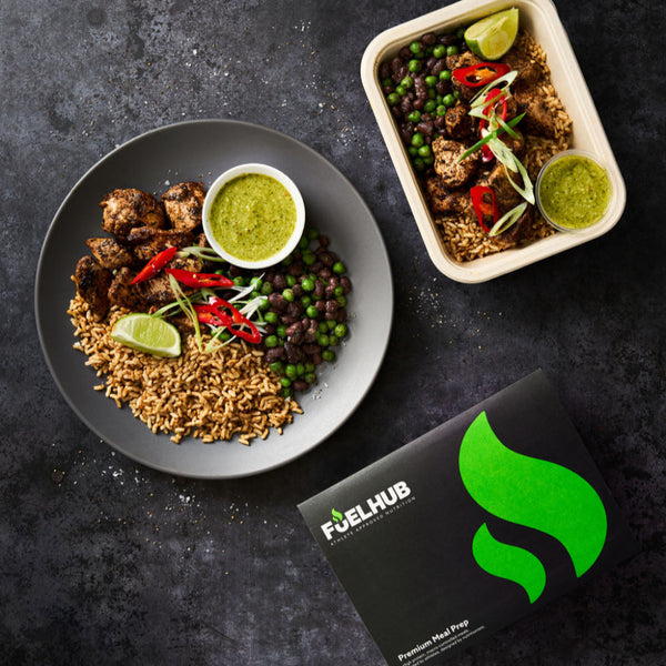 Jerk Chicken with Wholegrain Rice, Minted Peas & Black Beans and a Lime & Coconut Dressing