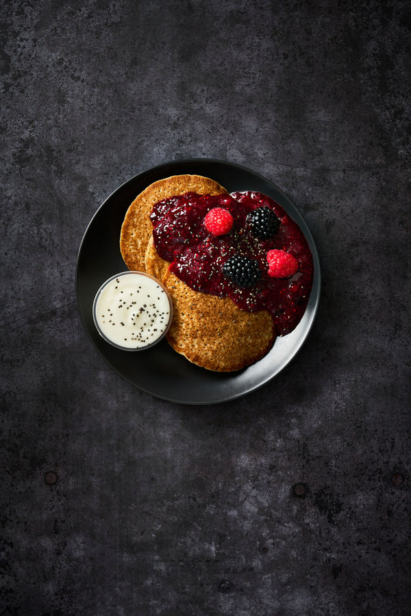 Protein Pancakes with Black Forest Chia Jam & Greek Yoghurt