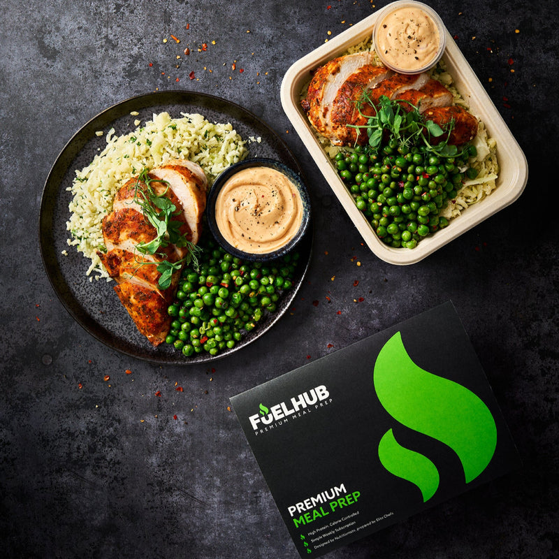 Peri Chicken with Spicy Cauliflower Rice, Chilli Minted Peas & Peri Dip