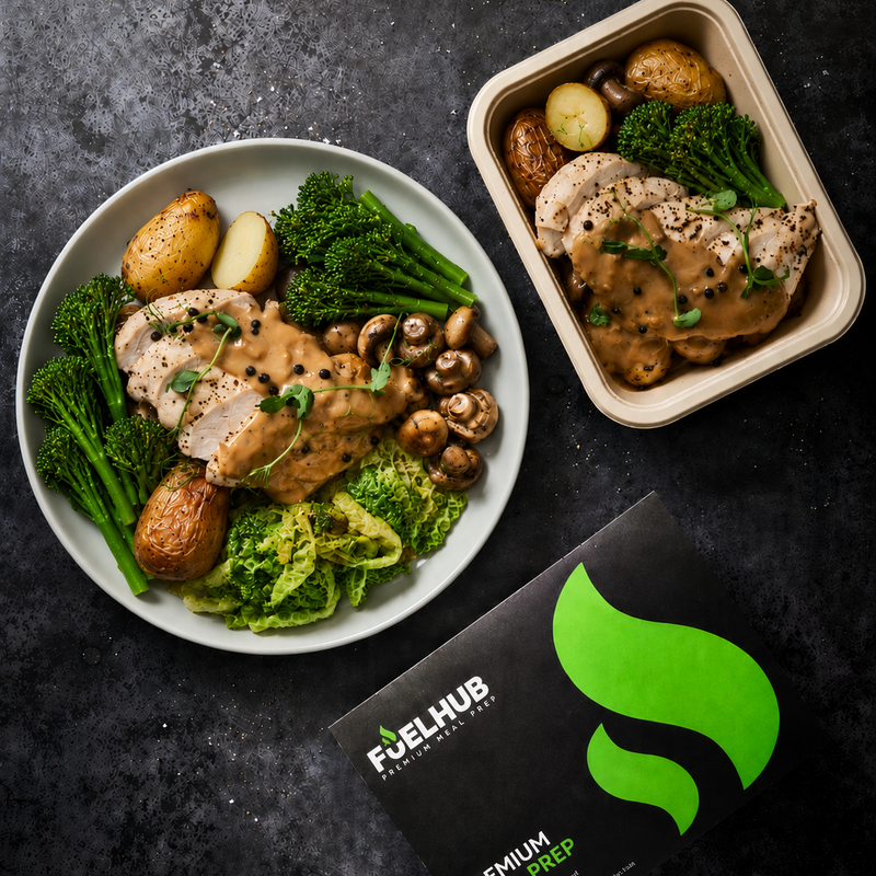 Peppercorn Chicken with Garlic New Potatoes, Button Mushrooms & Tenderstem Broccoli