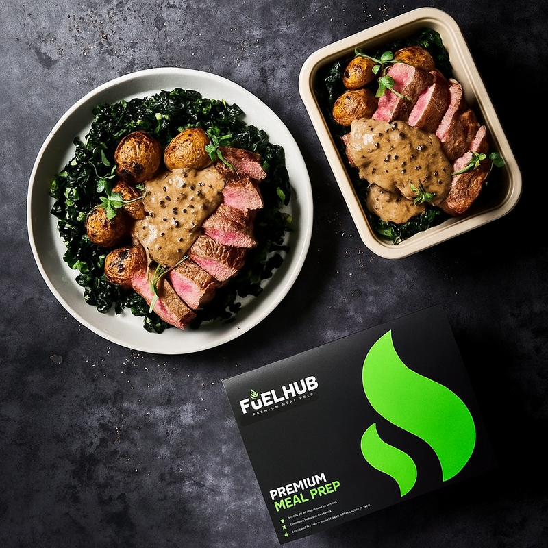 Sirloin Steak with a peppercorn sauce, roasted new potatoes & nero cabbage