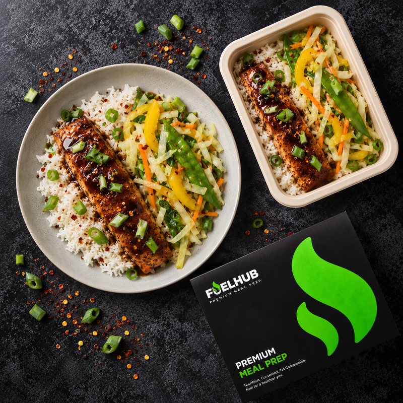Teriyaki Salmon & Rice with stir fry vegetables & spring onion