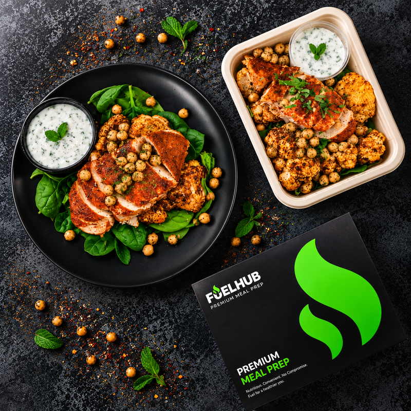 Tikka Chicken & Roasted Cauliflower with chickpeas, spinach & a raita dip