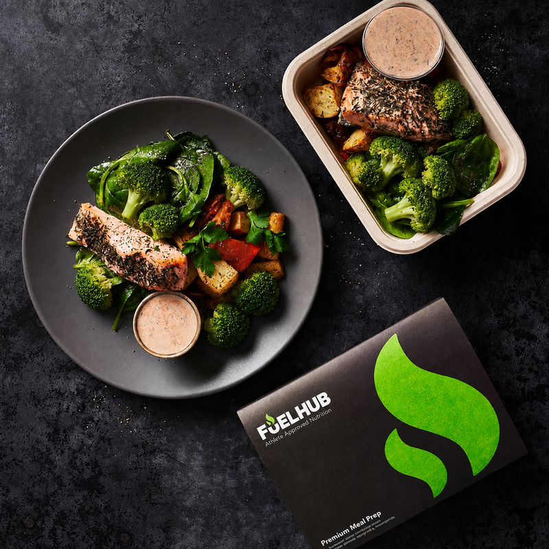 Thyme Salmon with Roasted Roots, Broccoli & Harissa Dip