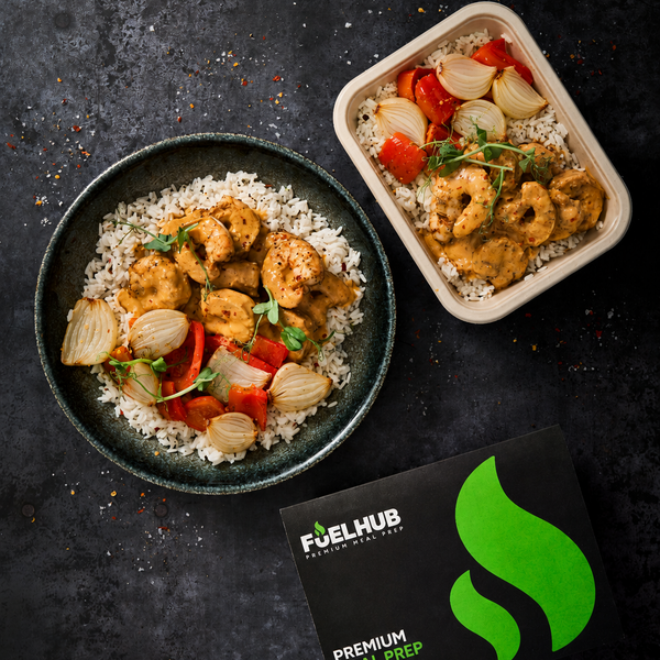 Thai King Prawns - with Thai coconut curry sauce, rice, onions & peppers