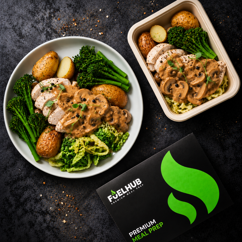 Chicken & Peppercorn Sauce with roasted new potatoes, savoy cabbage & tenderstem broccoli