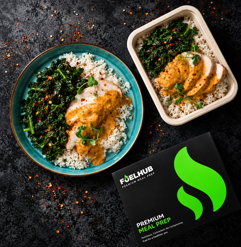 Creamy Thai Chicken Curry with rice & Asian style greens
