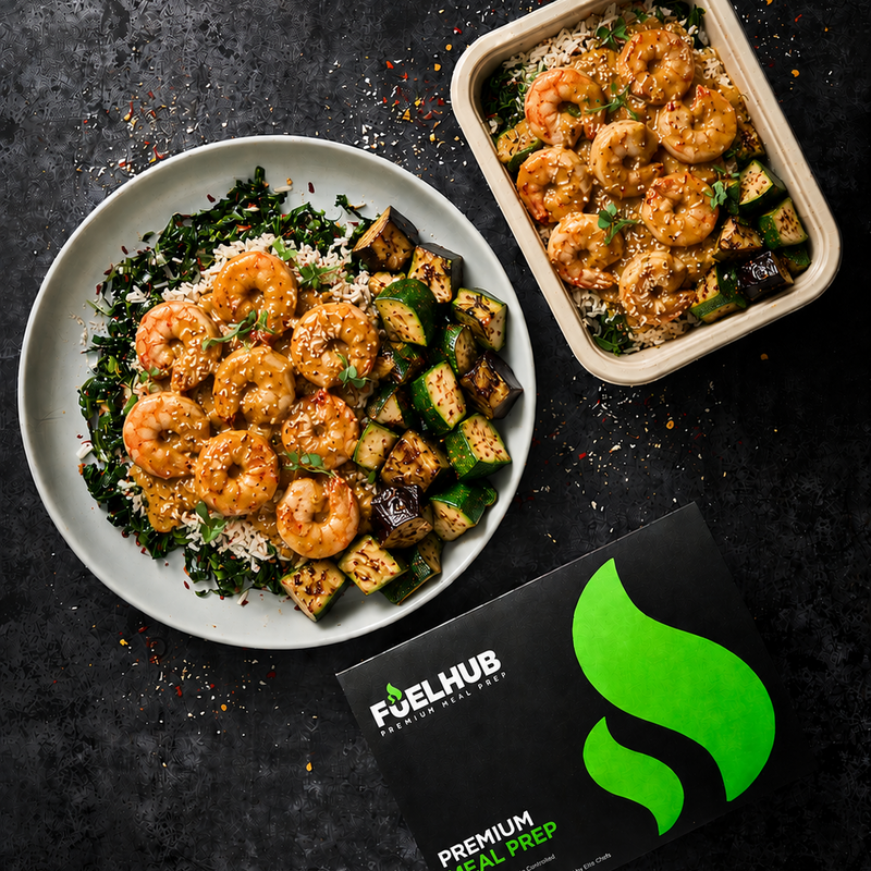 Creamy Thai King Prawn curry with Jasmin rice and roast augergine and courgette