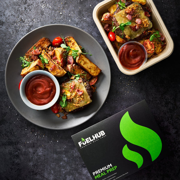 Naked Beef Burger with Skin on Chips, Tomatoes, Crispy Onions & Smoky Ketchup, bacon