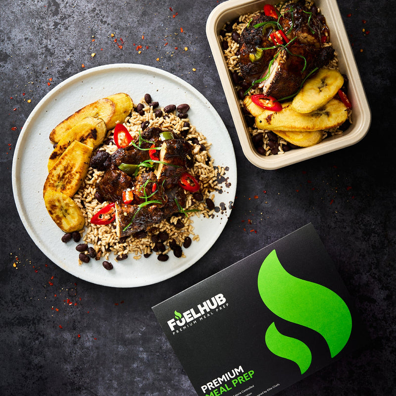 Jerk Spiced Chicken Thigh with Rice & Beans, Sweet Caramelised Plantain & Rich Jerk Gravy