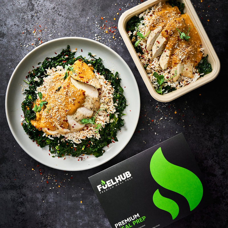 Creamy Thai chicken curry with Jasmine rice and Greens