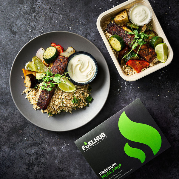 Cajun Roasted Salmon with Quinoa, Ratatouille Veg & Sour Cream