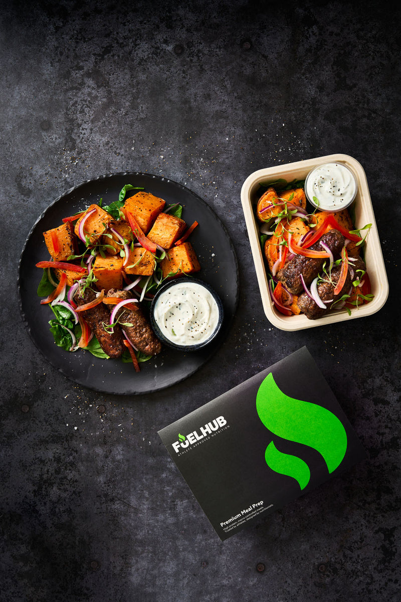 Lamb Kofte & Sweet Potato, with a tomato & onion salad, pomegranate molasses & Raita