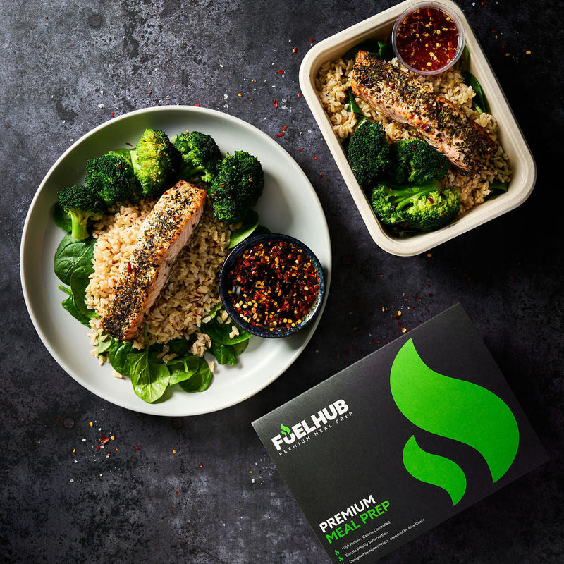 Hot Honey Salmon with wholegrain cabbage rice, spinach & chilli broccoli