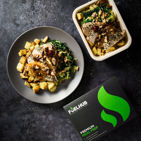 Chestnut Chicken with garlic & thyme roasted potatoes, cabbage & cranberry gravy