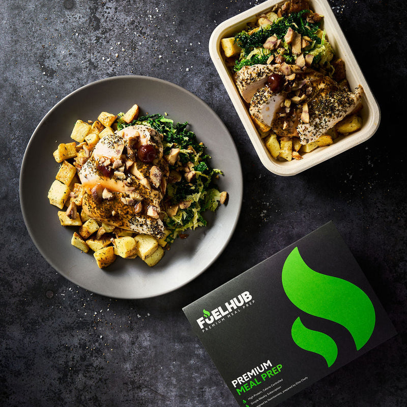 Chestnut Chicken with garlic & thyme roasted potatoes, cabbage & cranberry gravy