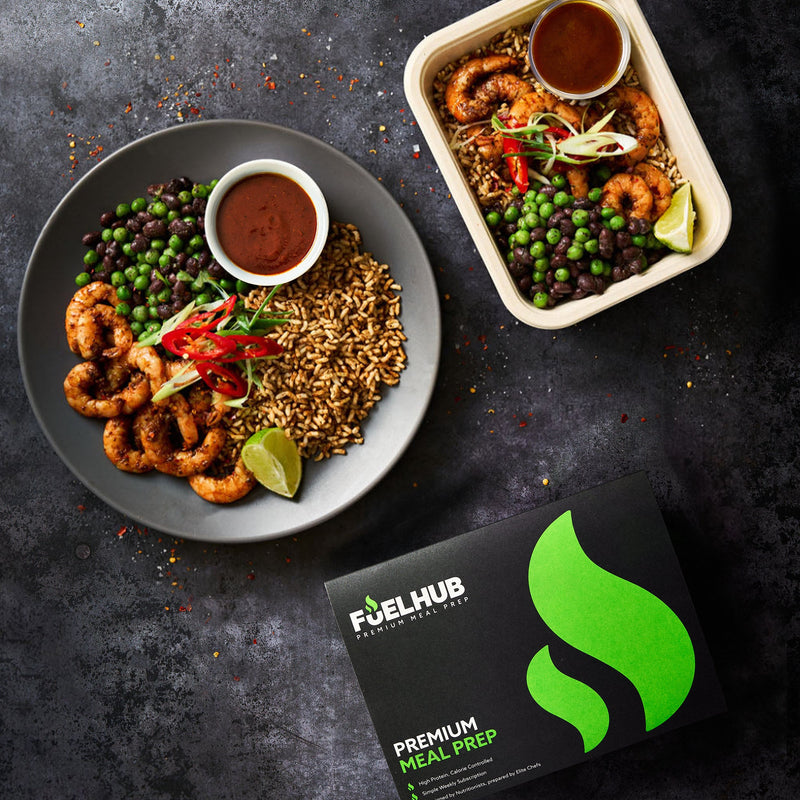 Jerk Prawns with wholegrain rice, minted peas & black beans and jerk sauce