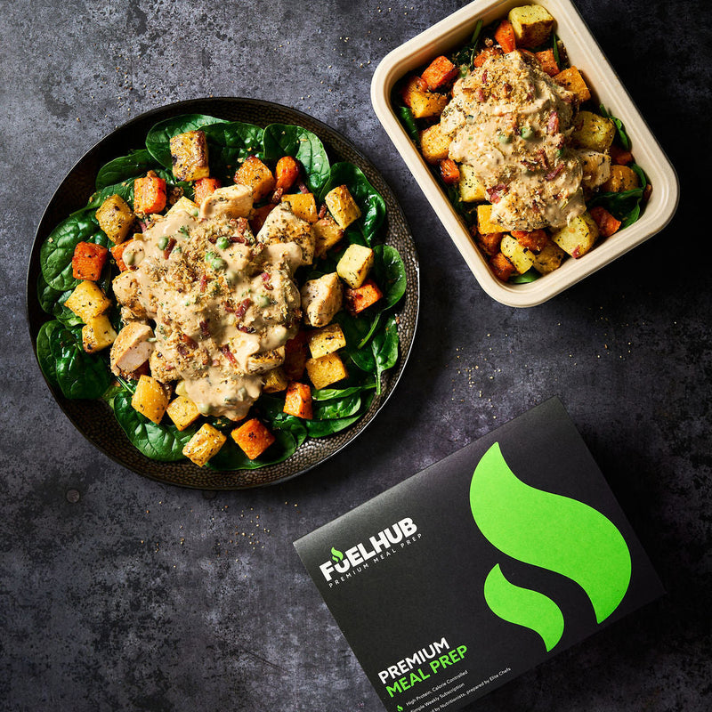 Chicken & Leek Bake with roasted roots, spinach and a herb & bacon crumb