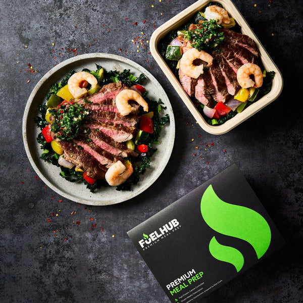 Sirloin Steak Surf & Turf with Med Veg, Nero Cabbage & Chimichurri