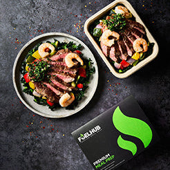 Sirloin Steak Surf & Turf with Med Veg, Nero Cabbage & Chimichurri