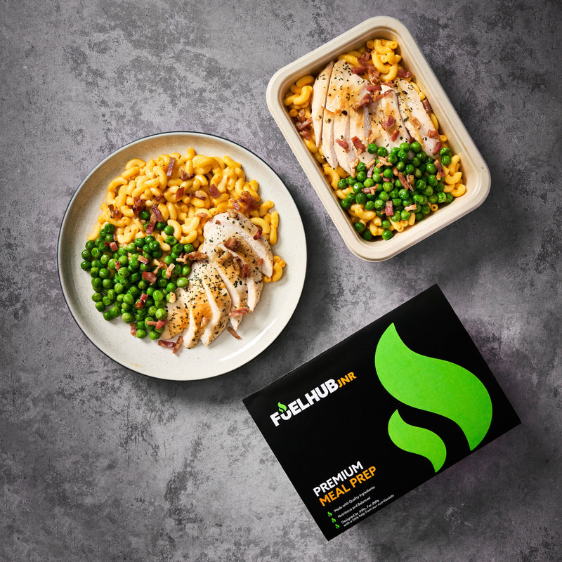 Mac & Cheese with chicken breast, smoked bacon & peas