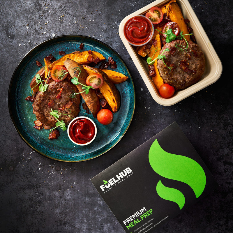 Naked Beef Burger - with bacon, sweet potato wedges & smoky ketchup