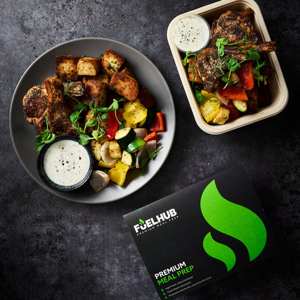 Grilled lamb Cutlets with parmentier potatoes, Mediterranean Vegetables & Raita dip (£1 Supplement)