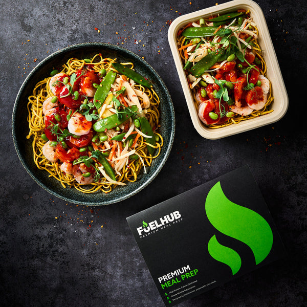 Korean BBQ Prawns with egg noodles, edamame & stir fry veg