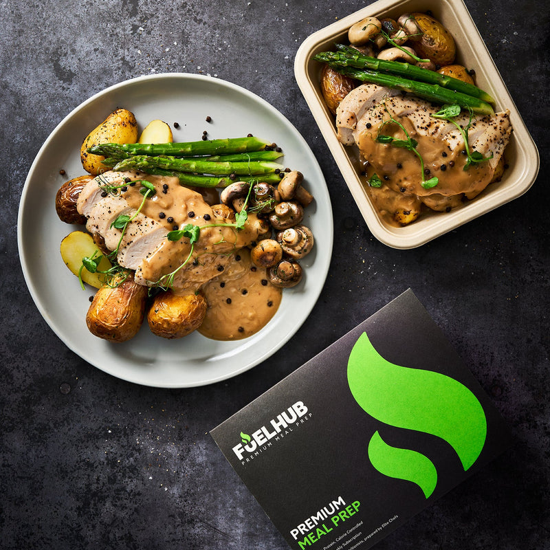 Peppercorn Chicken with Garlic New Potatoes, Button Mushrooms & Asparagus