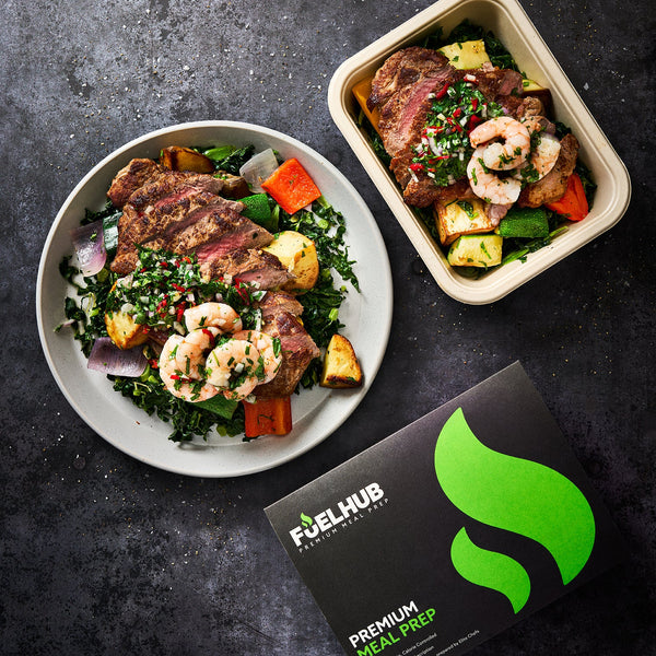 Sirloin Steak Surf & Turf with Garlic Diced Potatoes, Med Veg, Nero Cabbage & Chimichurri