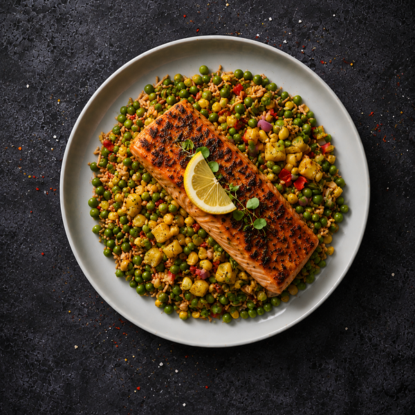 Jerk Salmon with Lime & Coriander Rice, Cowboy Salsa, Mango, Yoghurt & Callaloo Greens