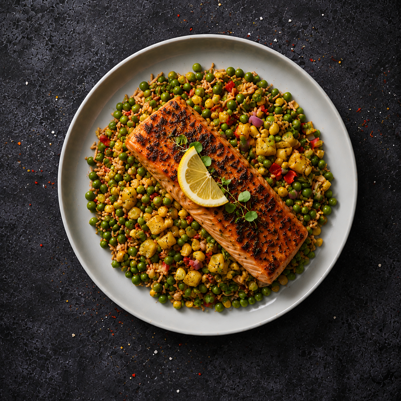 Jerk Salmon with Lime & Coriander Rice, Cowboy Salsa, Mango, Yoghurt & Callaloo Greens