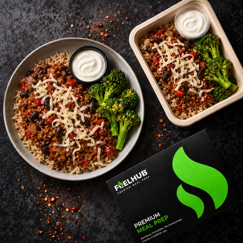 Mexican Beef Chilli Bowl with brown rice, broccoli, soured cream & Mozzarella