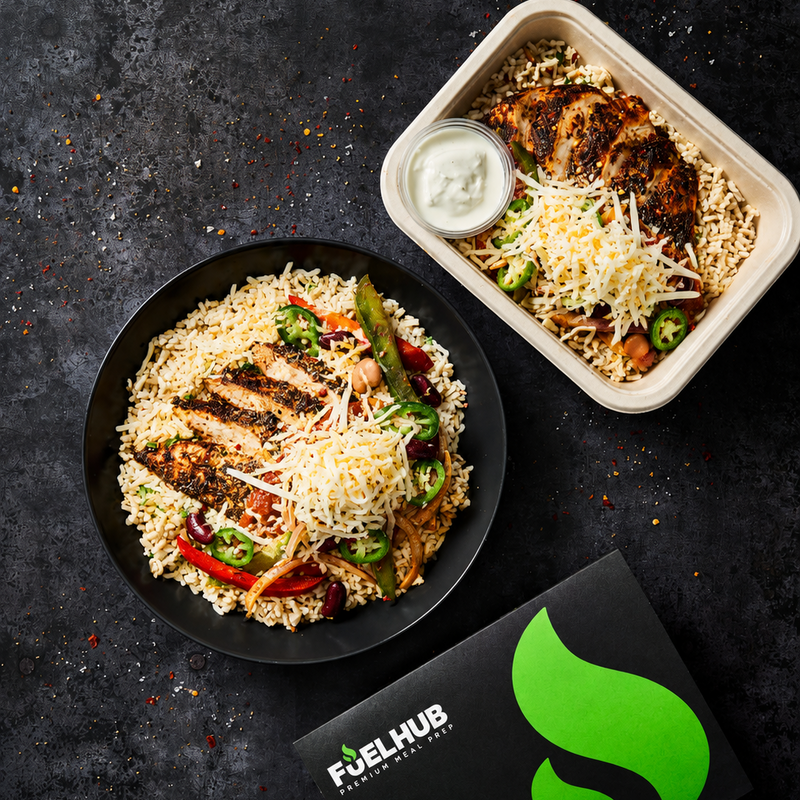 Mexican Chicken Bowl with Brown Rice, Peppers, Onion, Jalapeños, Mixed Beans, Salsa, Soured Cream & Mozzarella