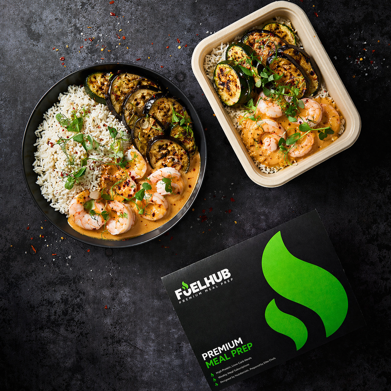 Creamy Thai King Prawn curry with Jasmin rice and roast augergine and courgette