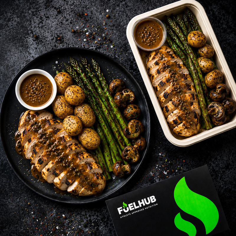 Peppercorn Chicken with Garlic New Potatoes, Button Mushrooms & Asparagus