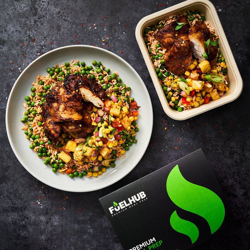 Peri Peri Chicken Thigh with Smokey Rice & Peas, Cowboy Salsa, Pineapple & Peri Mayo