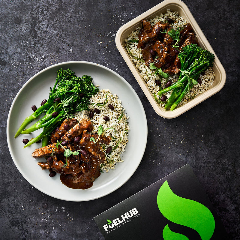 Stir Fry Beef in Black Bean Sauce with Spring Onion Rice & Tender stem Broccoli
