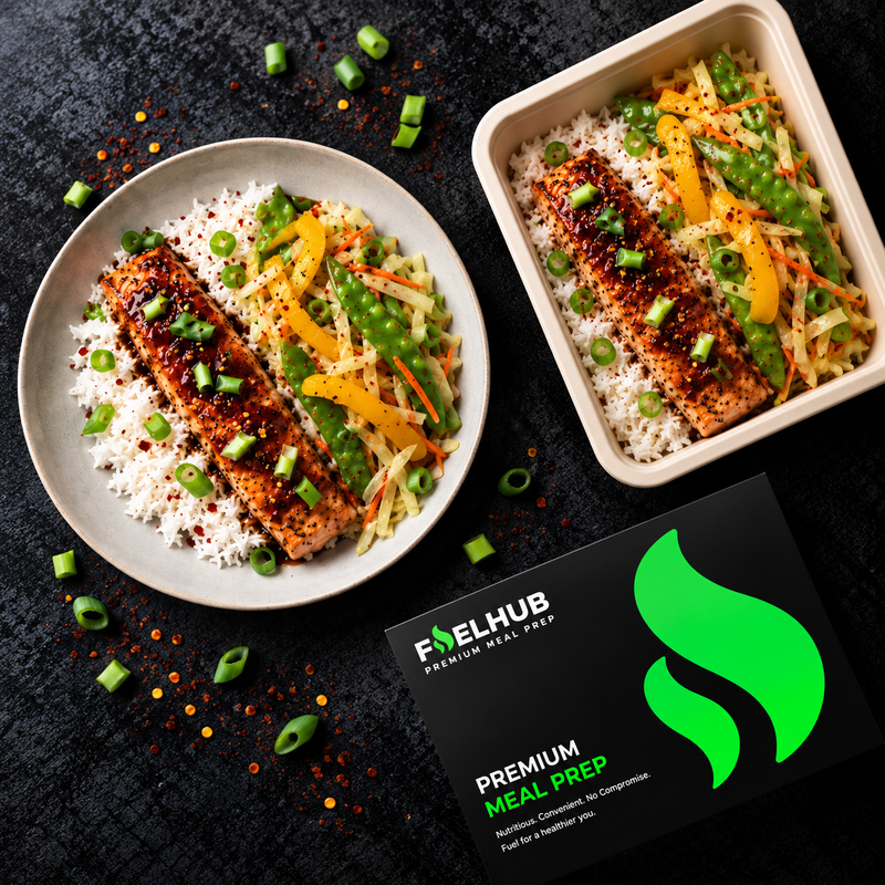 Teriyaki Salmon & Rice with stir fry vegetables & spring onion