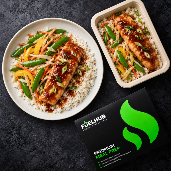 Teriyaki Salmon & Rice with stir fry vegetables & spring onion