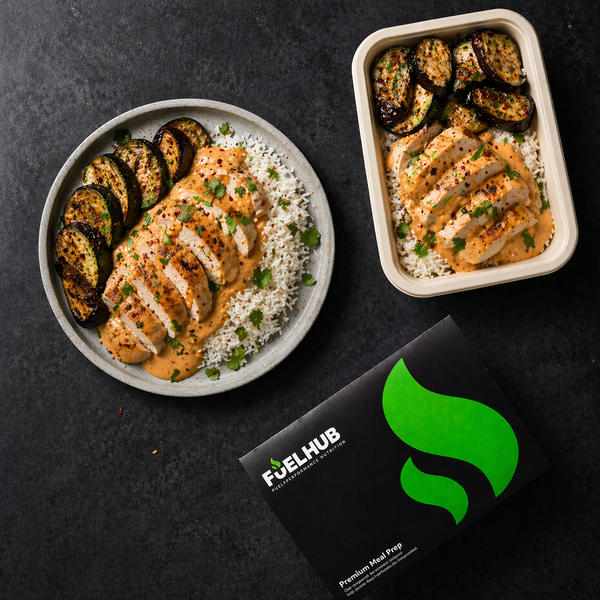 Creamy Thai chicken curry with Jasmin rice and roast aubergine and courgette