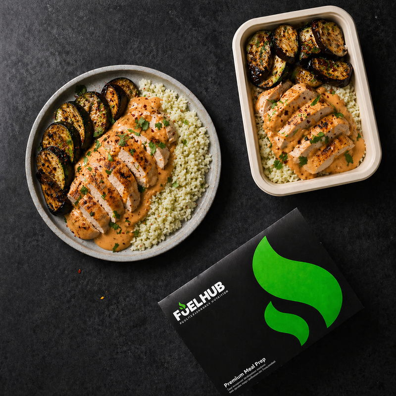 Creamy Thai chicken curry with cauliflower rice and roast aubergine and courgette